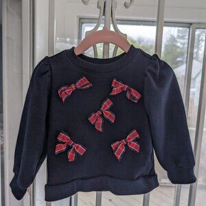 Janie & Jack navy blue sweater with red plaid bows